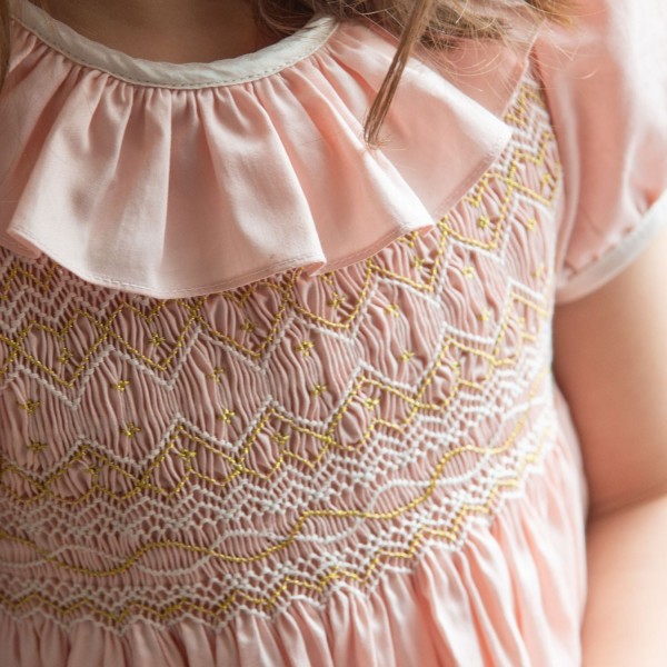 Margaret Special Occasion Dress Seashell Cotton Sateen with Gold & Pearl Hand Smocking Margaret Special Occasion Dress Seashell Cotton Sateen with Gold & Pearl Hand Smocking