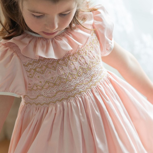 Margaret Special Occasion Dress Seashell Cotton Sateen with Gold & Pearl Hand Smocking Margaret Special Occasion Dress Seashell Cotton Sateen with Gold & Pearl Hand Smocking