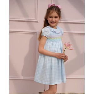 Katherine Johnson Dress Blue Sky Gingham with Rainbow Hand Smocking Katherine Johnson Dress Blue Sky Gingham with Rainbow Hand Smocking