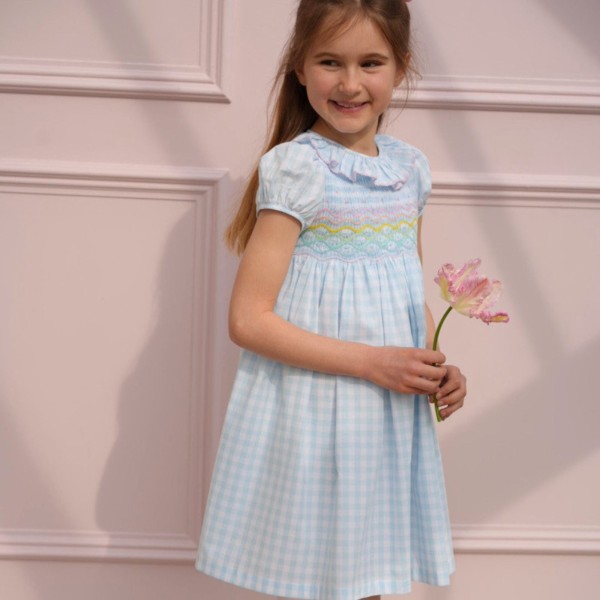 Katherine Johnson Dress Blue Sky Gingham with Rainbow Hand Smocking Katherine Johnson Dress Blue Sky Gingham with Rainbow Hand Smocking