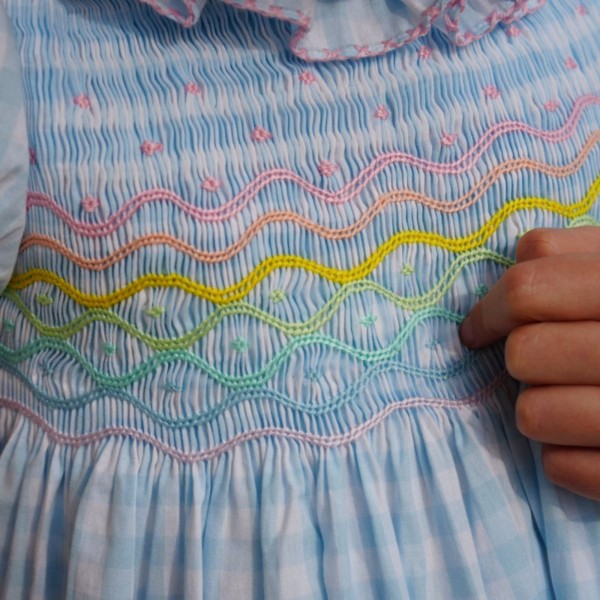 Katherine Johnson Dress Blue Sky Gingham with Rainbow Hand Smocking Katherine Johnson Dress Blue Sky Gingham with Rainbow Hand Smocking