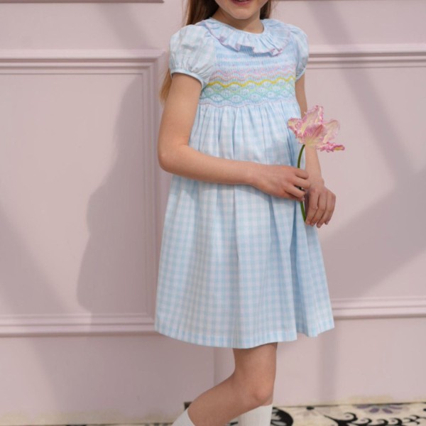 Katherine Johnson Dress Blue Sky Gingham with Rainbow Hand Smocking Katherine Johnson Dress Blue Sky Gingham with Rainbow Hand Smocking