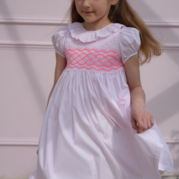 Katherine Johnson Dress Pink Grid Cotton with Strawberrylicious Hand Smocking Katherine Johnson Dress Pink Grid Cotton with Strawberrylicious Hand Smocking