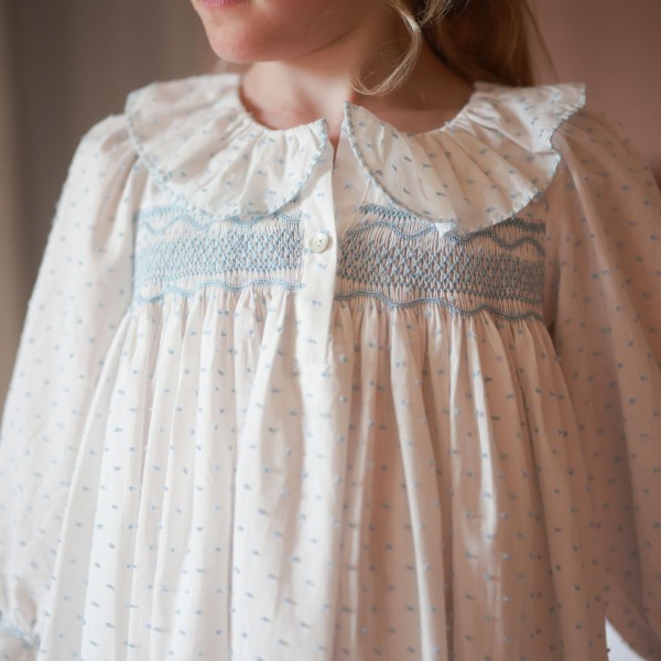 Nightingale Girl's Dress Forget Me Not Plumetti with Delphinium Hand Smocking