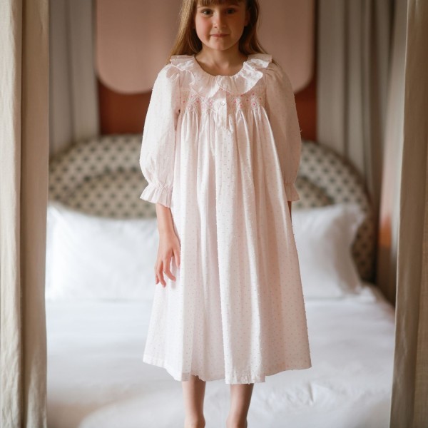 Nightingale Girl's Dress Powder Puff Plumetti with Marshmallow Hand Smocking
