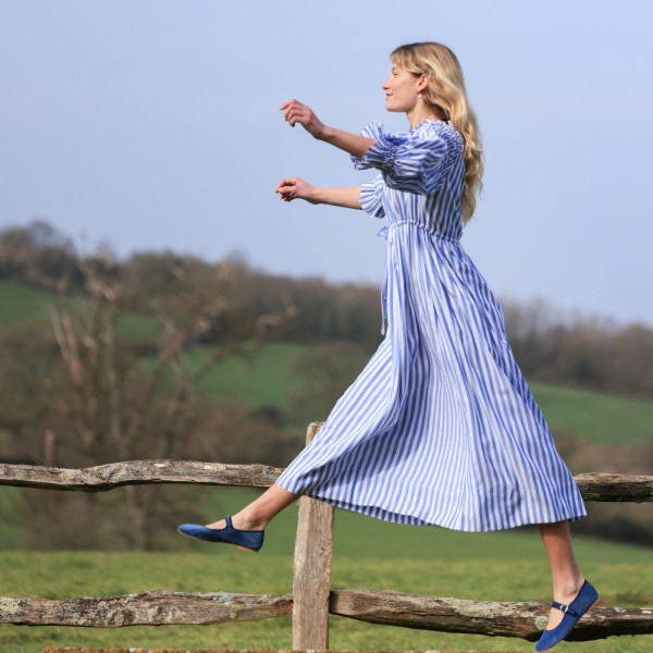 Aloha Wanderwell Dress Ocean Stripe with White Honeycomb Hand Smocking Aloha Wanderwell Dress Ocean Stripe with White Honeycomb Hand Smocking