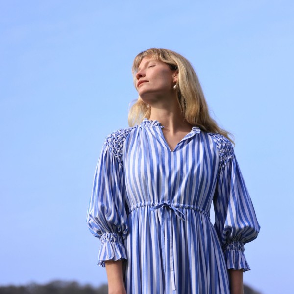 Aloha Wanderwell Dress Ocean Stripe with White Honeycomb Hand Smocking Aloha Wanderwell Dress Ocean Stripe with White Honeycomb Hand Smocking