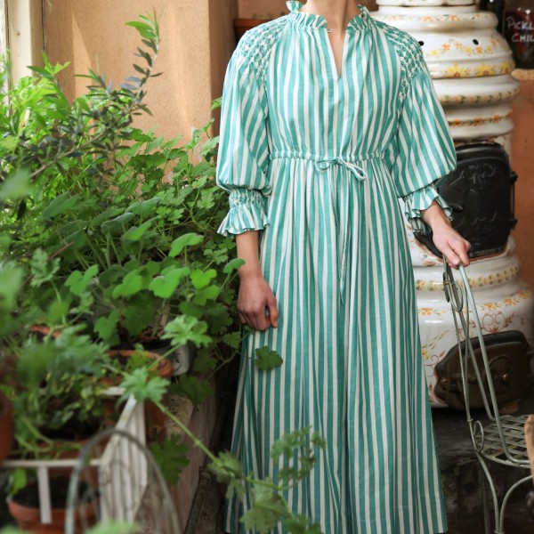 Aloha Wanderwell Dress Wimbledon Stripe with White Honeycomb Hand Smocking