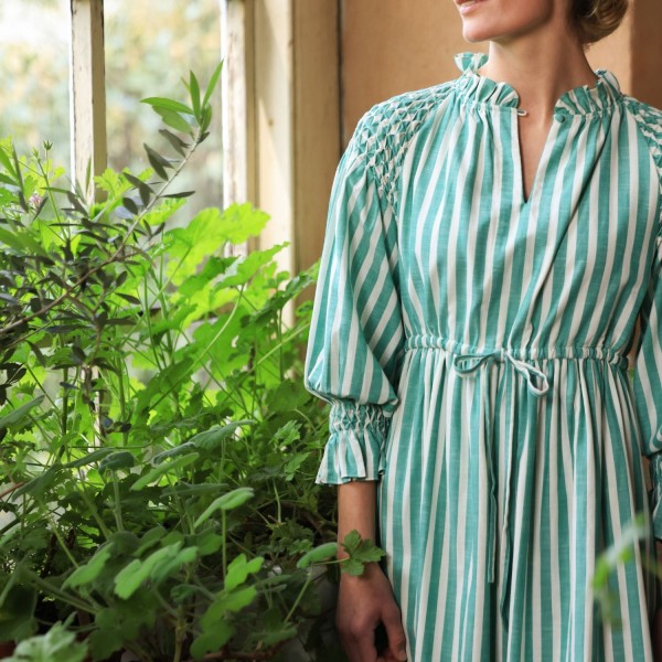 Aloha Wanderwell Dress Wimbledon Stripe with White Honeycomb Hand Smocking