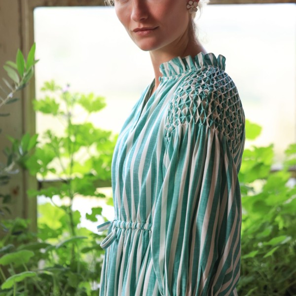 Aloha Wanderwell Dress Wimbledon Stripe with White Honeycomb Hand Smocking