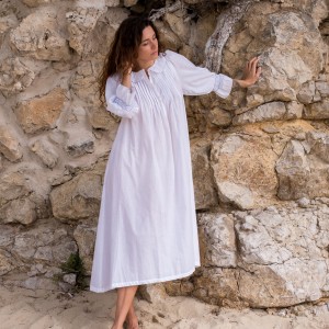 Bessie Coleman Women's Dress Moonstone Cotton with Cornflower Hand Smocking Bessie Coleman Women's Dress Moonstone Cotton with Cornflower Hand Smocking