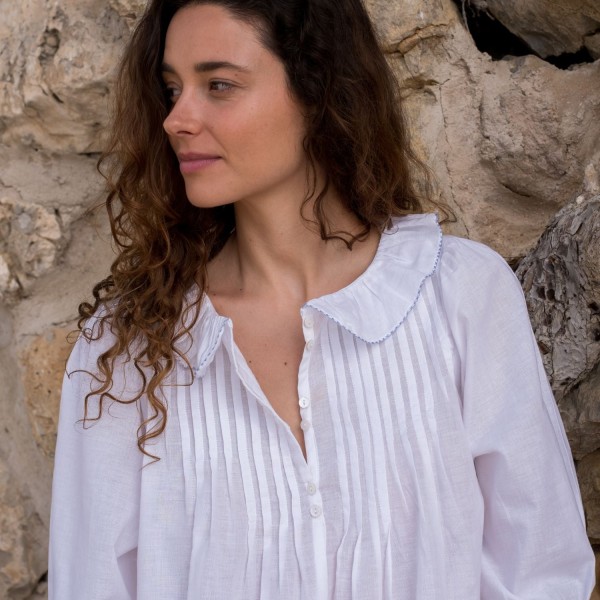 Bessie Coleman Women's Dress Moonstone Cotton with Cornflower Hand Smocking