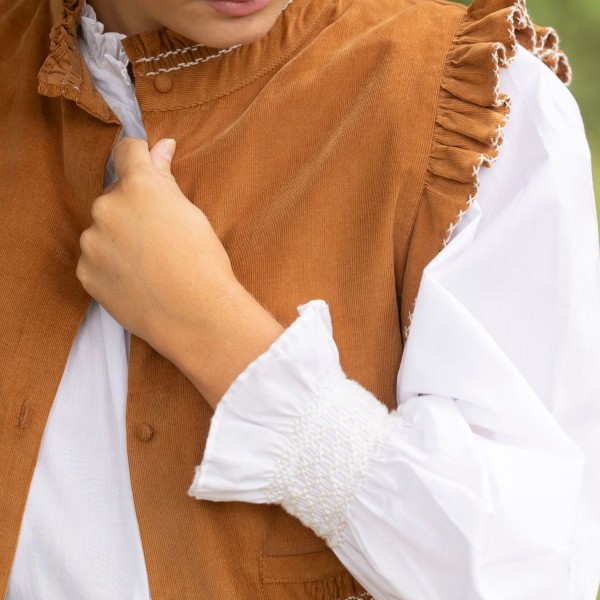 C J Walker Waistcoat Butterscotch Needlecord with Spiced Vanilla Hand Smocking Edition 5
