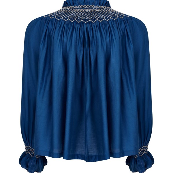 Cleopatra Blouse Cobalt Silk Cotton Sapphire with Vanilla Hand Smocking Edition 33