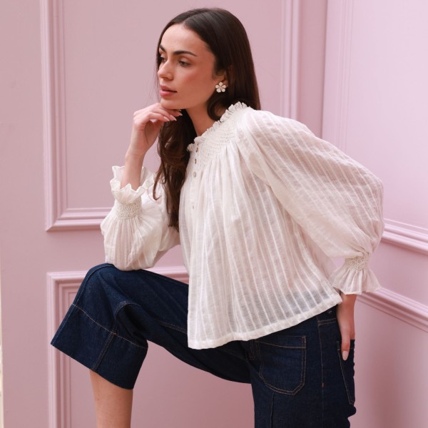 Cleopatra Blouse White Stripe Cotton Muslin with milk Hand Smocking Edition 37 Cleopatra Blouse White Stripe Cotton Muslin with milk Hand Smocking Edition 37