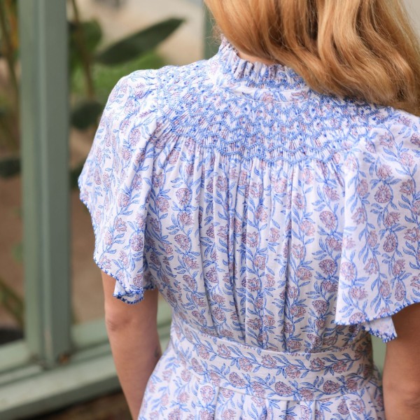 Colette Dress Passionflower Trellis with Delphinium Blue Hand Smocking Colette Dress Passionflower Trellis with Delphinium Blue Hand Smocking