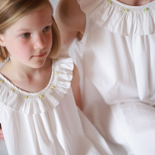 Memo Press x Smock London Women's Alice Dress Moonstone with Yellow Rose Hand Smocking