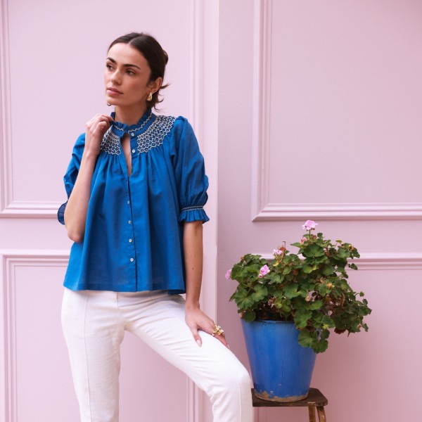 Scholl Blouse Cobalt Linen with Vanilla Hand Smocking Edition 54 Scholl Blouse Cobalt Linen with Vanilla Hand Smocking Edition 54