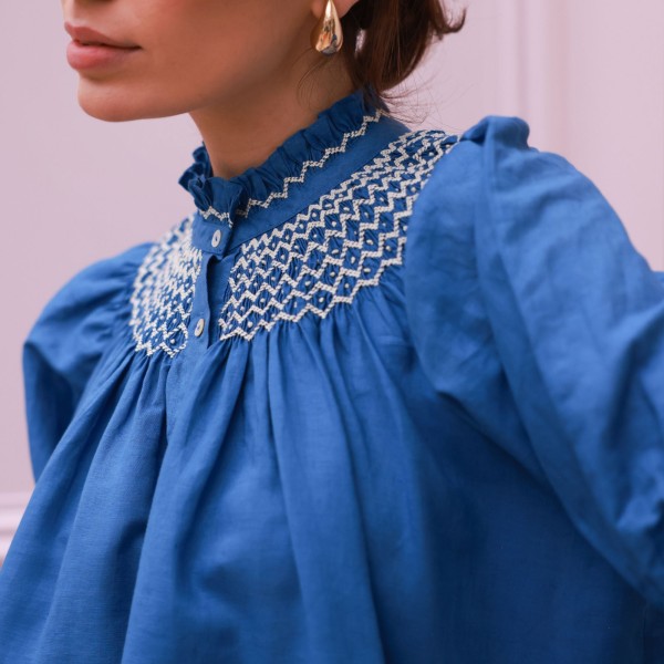 Scholl Blouse Cobalt Linen with Vanilla Hand Smocking Edition 54 Scholl Blouse Cobalt Linen with Vanilla Hand Smocking Edition 54