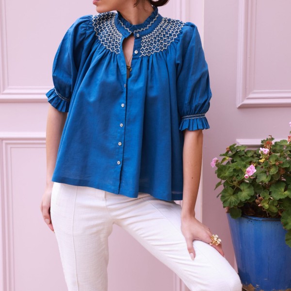 Scholl Blouse Cobalt Linen with Vanilla Hand Smocking Edition 54 Scholl Blouse Cobalt Linen with Vanilla Hand Smocking Edition 54