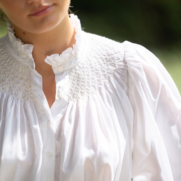Scholl Women's Blouse White with Ivory Hand Smocking Scholl Women's Blouse White with Ivory Hand Smocking