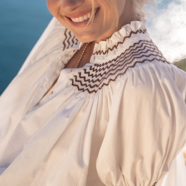 Scholl Women's Summer Blouse White with Chocolate Brown Hand Smocking Scholl Women's Summer Blouse White with Chocolate Brown Hand Smocking