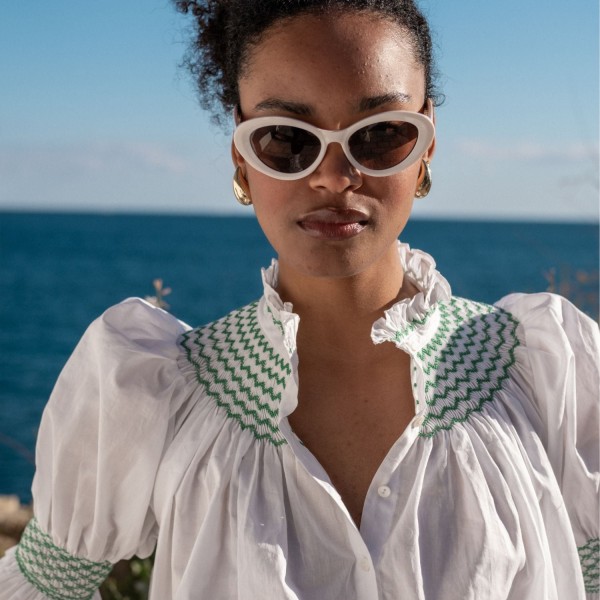 Scholl Women's Summer Blouse White with Green Apple Hand Smocking Scholl Women's Summer Blouse White with Green Apple Hand Smocking