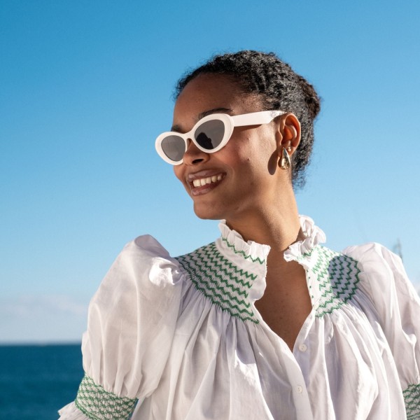 Scholl Women's Summer Blouse White with Green Apple Hand Smocking Scholl Women's Summer Blouse White with Green Apple Hand Smocking
