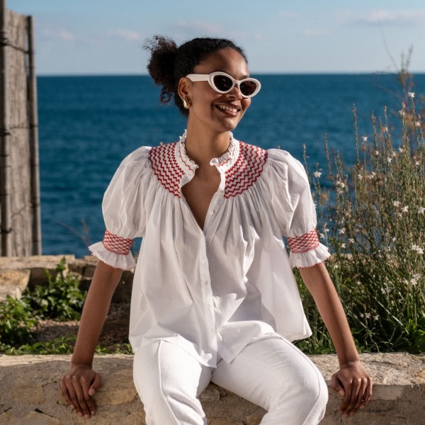 Scholl Women's Summer Blouse White with Pillar Box Red Hand Smocking Scholl Women's Summer Blouse White with Pillar Box Red Hand Smocking