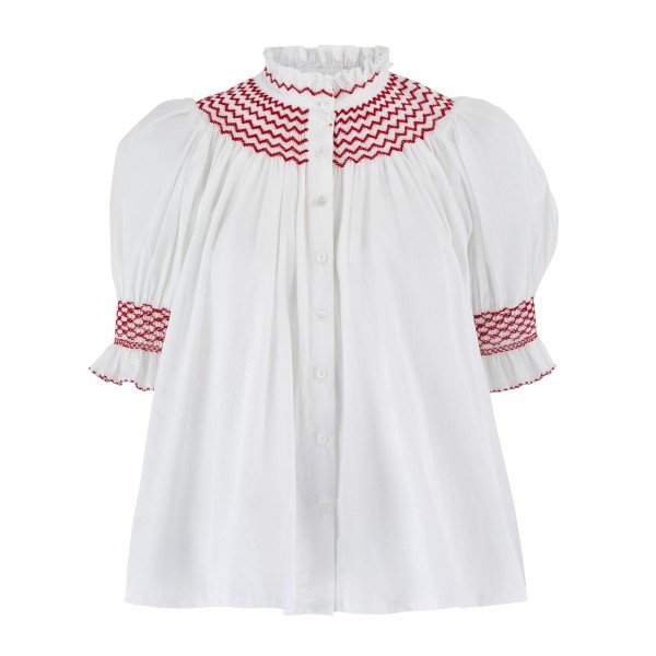 Scholl Women's Summer Blouse White with Pillar Box Red Hand Smocking Scholl Women's Summer Blouse White with Pillar Box Red Hand Smocking