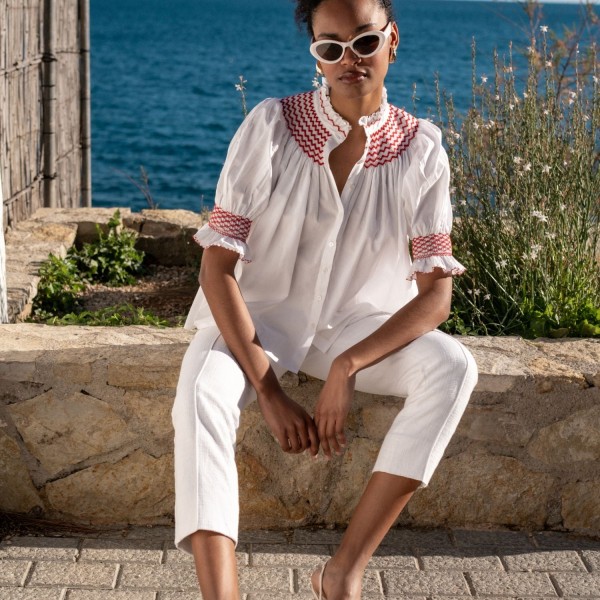 Scholl Women's Summer Blouse White with Pillar Box Red Hand Smocking Scholl Women's Summer Blouse White with Pillar Box Red Hand Smocking
