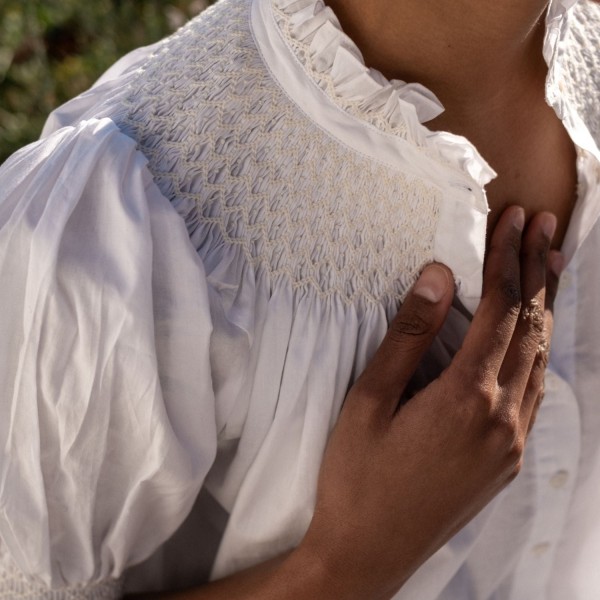 Scholl Women's Summer Blouse White with Ivory Hand Smocking Edition 9 Scholl Women's Summer Blouse White with Ivory Hand Smocking Edition 9