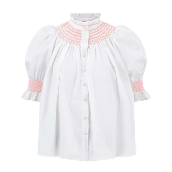 Scholl Women's Summer Blouse White with Coral Hand Smocking Scholl Women's Summer Blouse White with Coral Hand Smocking