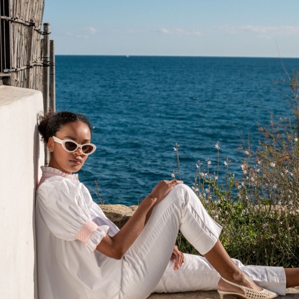 Scholl Women's Summer Blouse White with Coral Hand Smocking Scholl Women's Summer Blouse White with Coral Hand Smocking