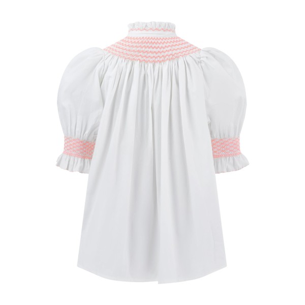 Scholl Women's Summer Blouse White with Coral Hand Smocking Scholl Women's Summer Blouse White with Coral Hand Smocking