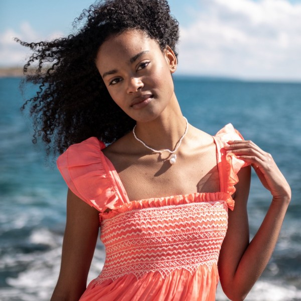 Wallis Simpson Dress Coral Dreams Organdie with Chantilly Hand Smocking